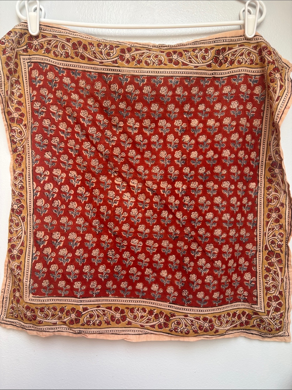 Floral Rust and Mustard Block Print Cotton Square Scarf